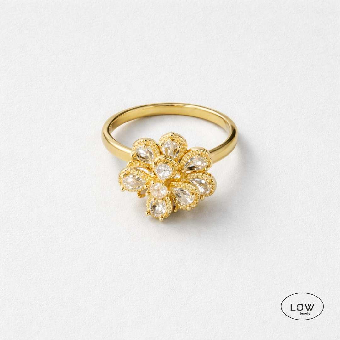 Double Flower Zircon Spinner Ring Gold fra LØW Jewelry fidget stress ring open justerbar ring