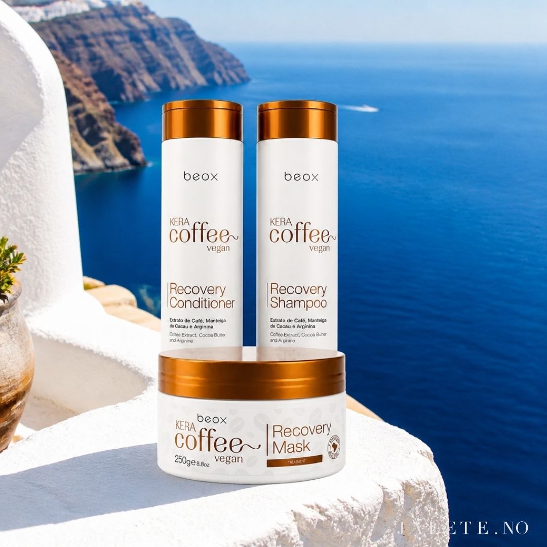 Komplett hÄrpleiesett med KeraCoffee Vegan Shampoo, Conditioner og Hair Mask. Vegansk pleie som gir fukt, glans og mykere hÄr etter keratinbehandling.