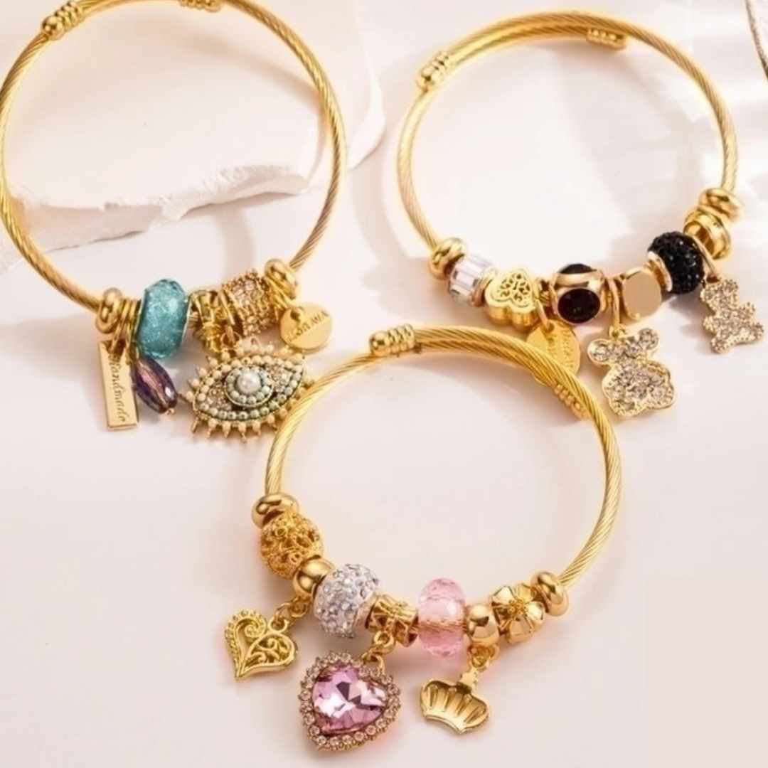 Nyhet: Armring sort, turkis, rosa, rustfritt stål og Rhinestones, nikkelfritt, gullfarget fra LØW