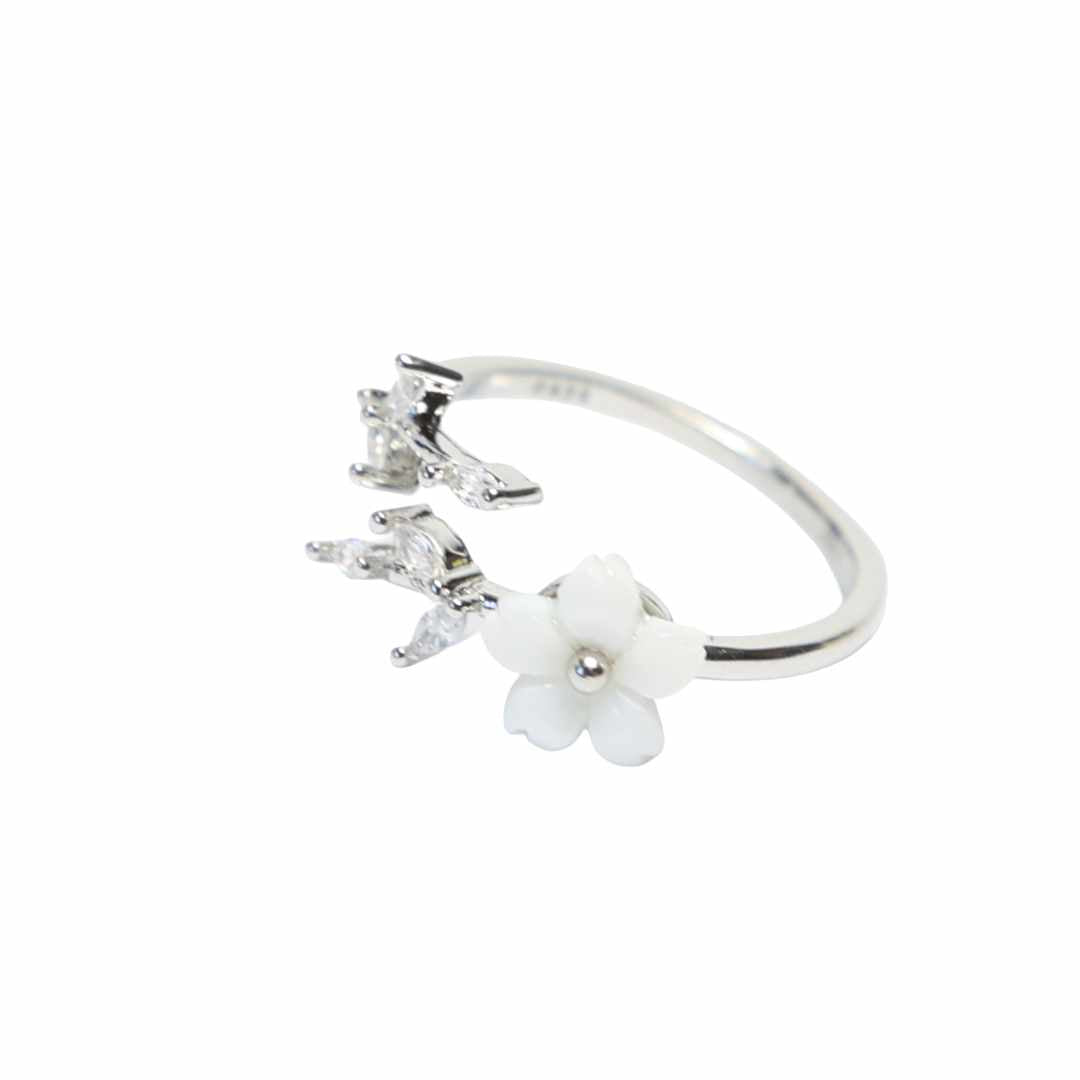 FlowerPower â Justerbar Sølvring i 925 Sterling Sølv med Zirkon og Hvit Blomst