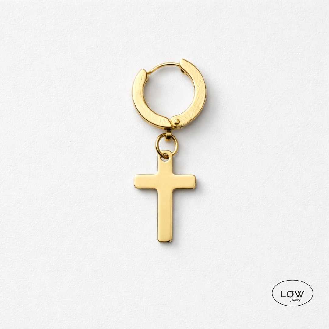 Obsidian Cross Hoop Earring Gold fra LØW Jewelry ørering med kors