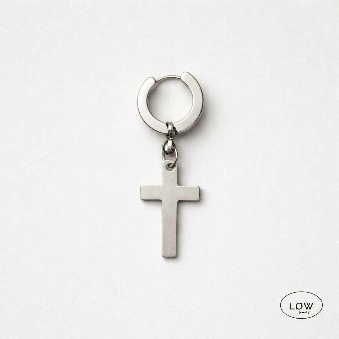 Obsidian Cross Hoop Earring Silver fra LØW Jewelry ørering med kors