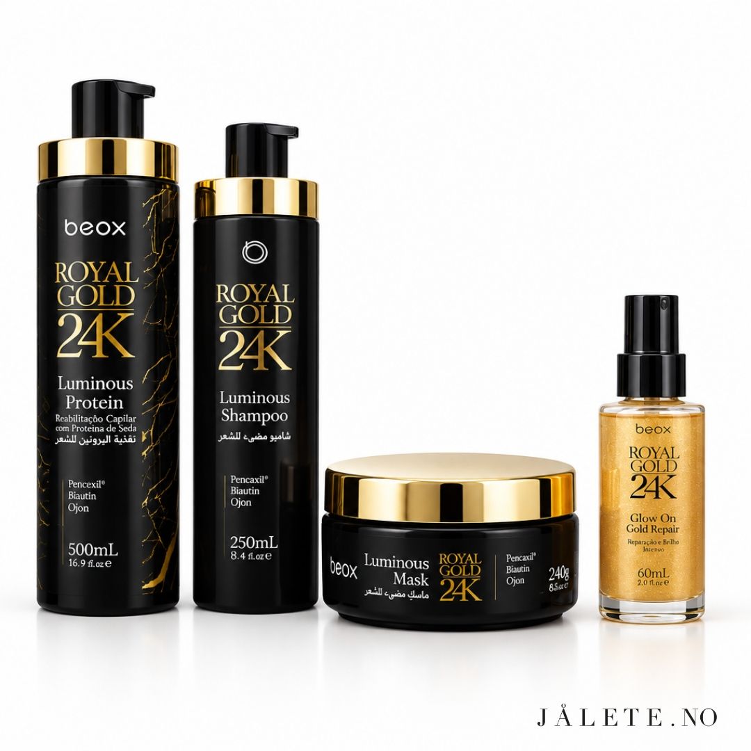 Komplett Royal Gold 24K-pakke med 500 ml keratinbehandling, Shampoo, Masque og Glow On hårolje. For mindre frizz, glans, mykhet og komplett hårpleie.