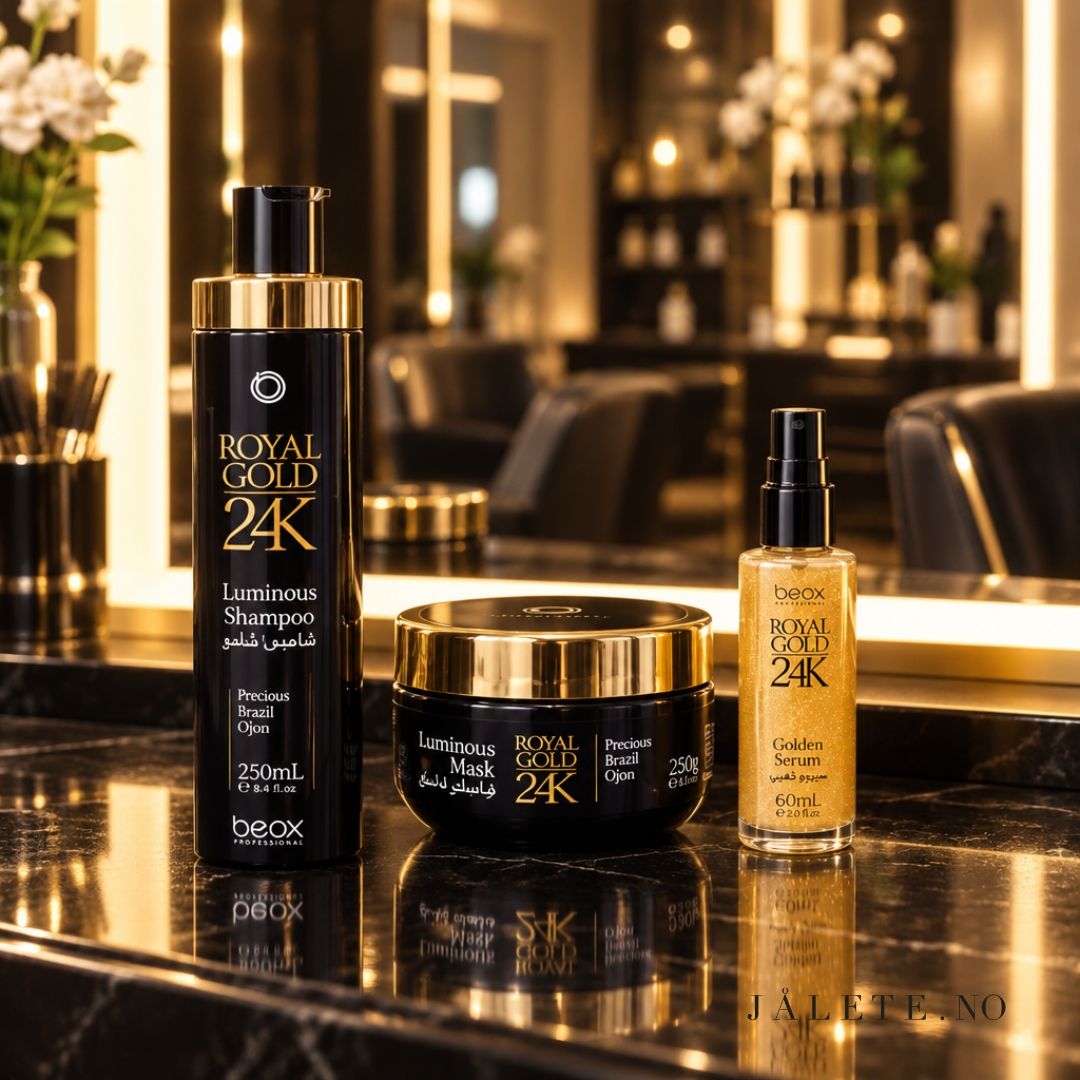 Komplett Royal Gold 24K hårpleie med Shampoo, Hair Mask og Glow On hårolje. For tørt, frizzy og behandlet hår som trenger mykhet, glans og pleie.