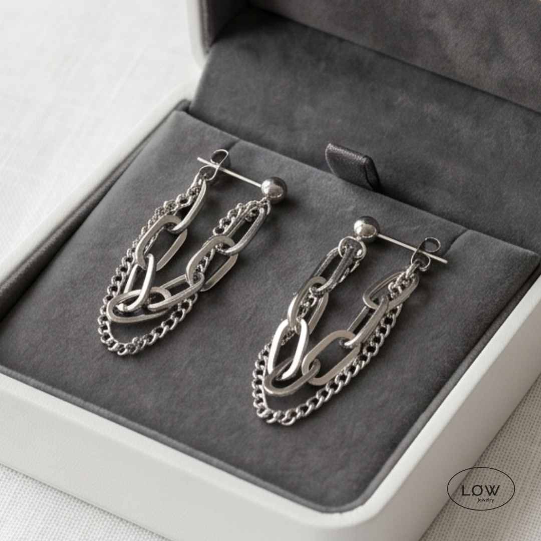 Ørepynt Silver Double Chain Tassel Earrings øredobber nikkelfri LØW Jewelry