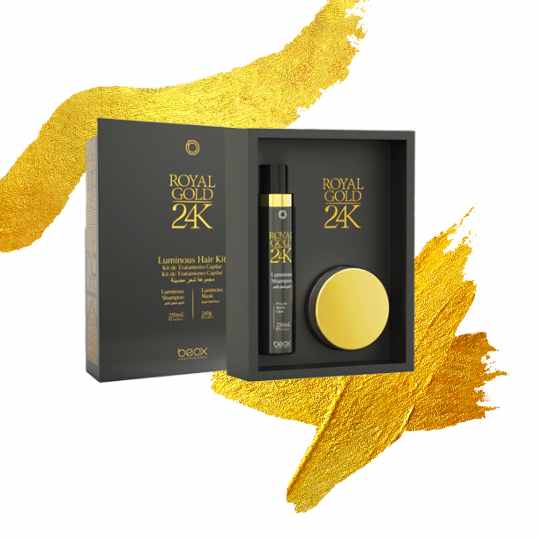 Shampoo og HÃ¥rkur Royal Gold 24K som ser ut som flytende gull