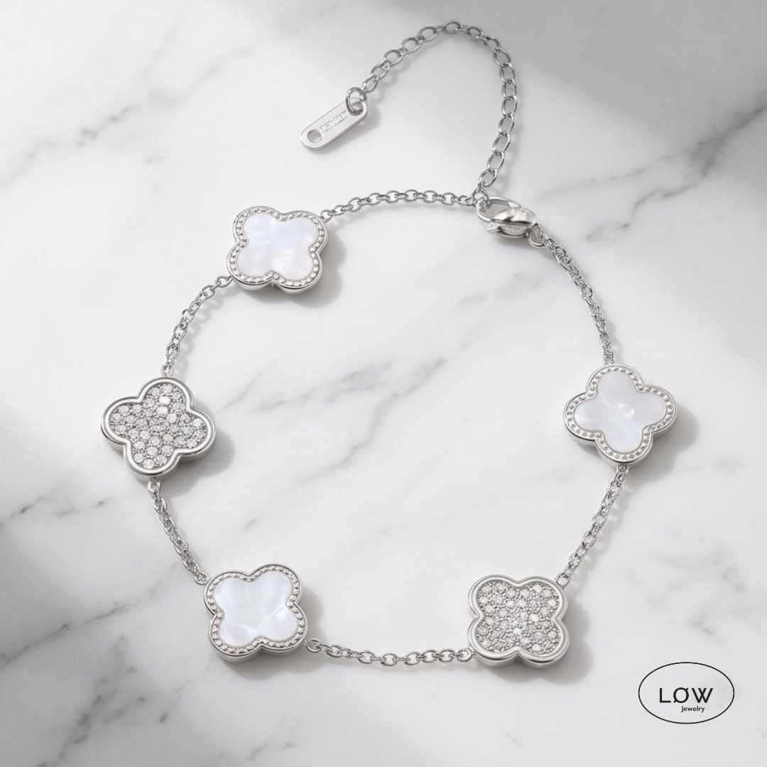 Armbånd kløver Alternating Clover Zircon Bracelet – 18K White Gold firkløver LØW Jewelry