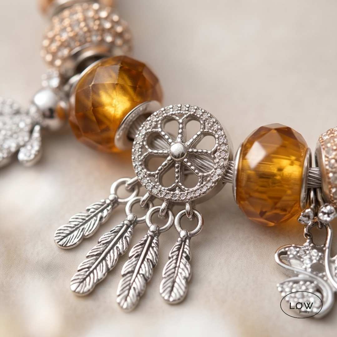 Charms armbånd Amber Swan Charm Bracelet Silver charmsarmbånd ferdig fylt med charm