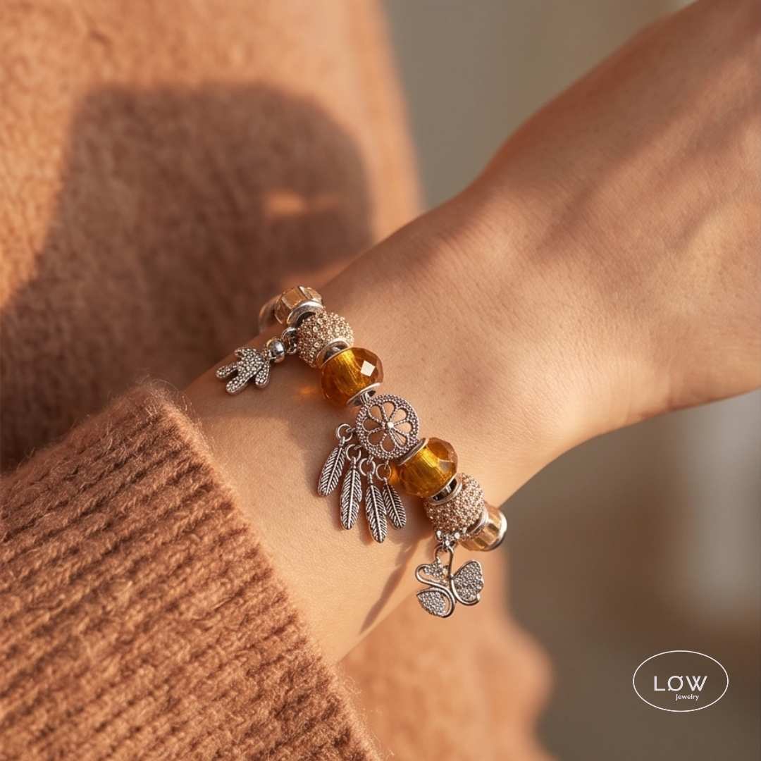 Charms armbånd Amber Swan Charm Bracelet Silver charmsarmbånd ferdig fylt med charm