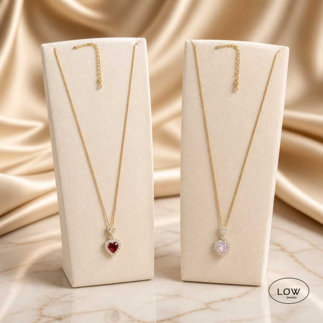Amora Rhinestone Heart Necklace Pink fra LØW Jewelry