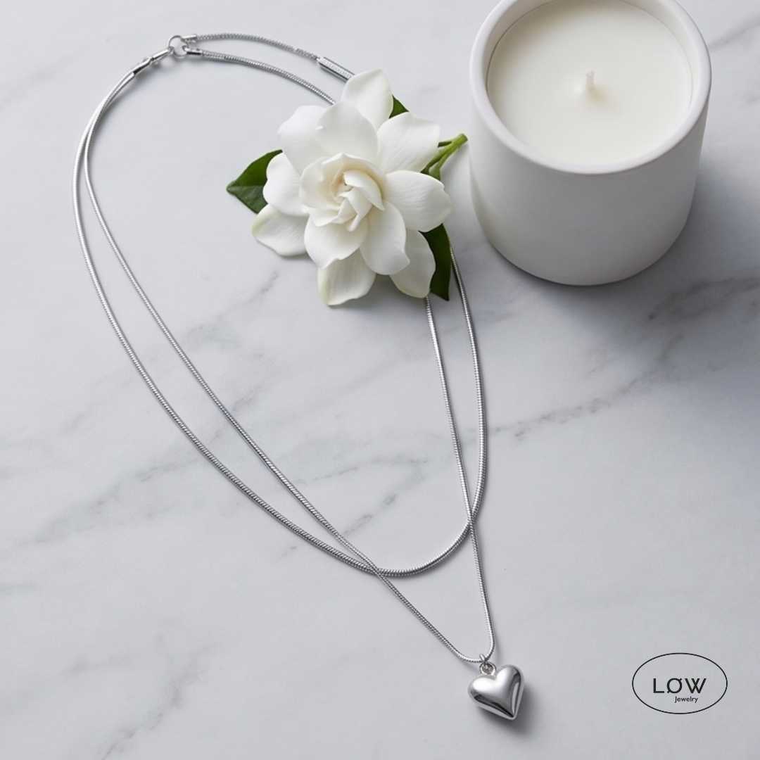 Amour Layered Heart Necklace Silver fra LØW Jewelry