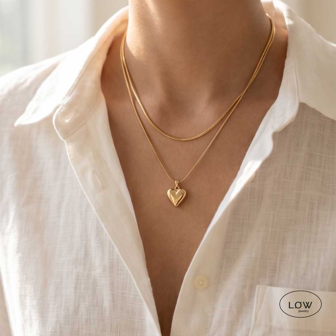 Amour Layered Heart Necklace Gold fra LØW Jewelry