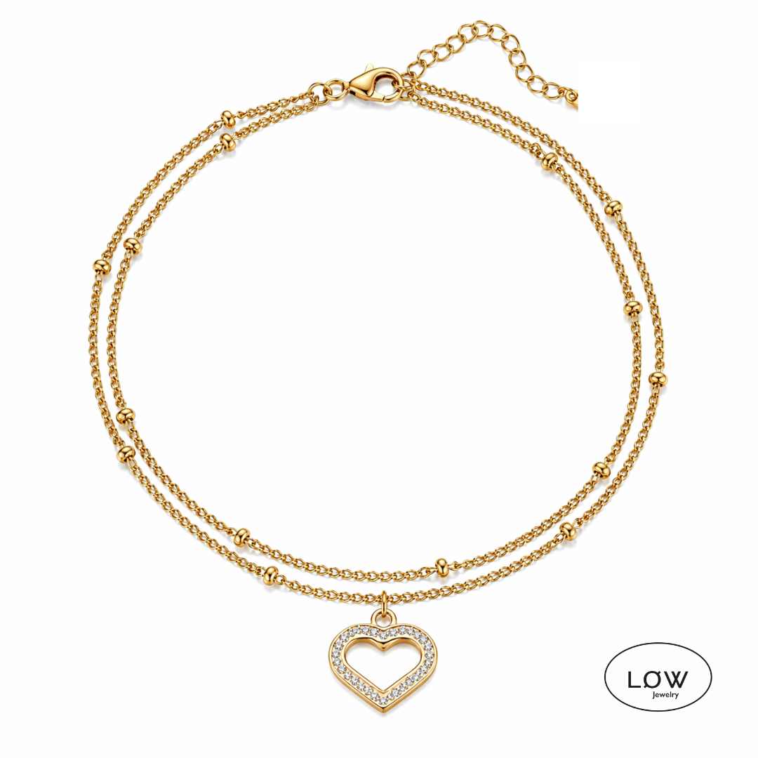 Ankellenke, layered med hjertecharms Zirconastener. LØW Jewelry