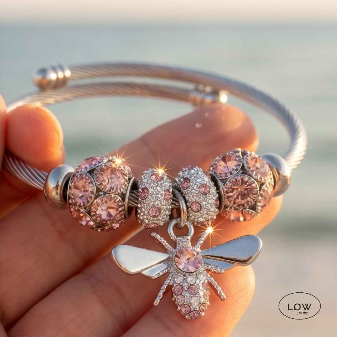 Chars armbånd Bee Charm Cable Bracelet Pink Silver ferdig fylt charmsarmbånd LØW Jewelry
