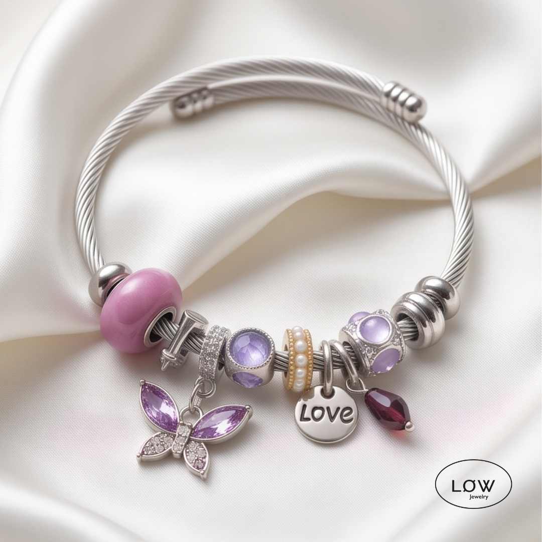 Charms armbånd Butterfly LØW – rosa eller lilla rhinestones ferdig fylt charmsarmbånd LØW Jewelry