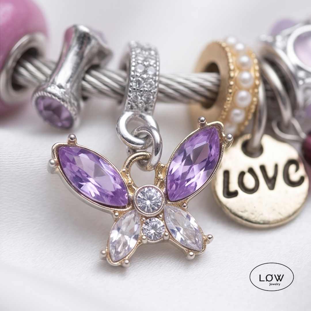 Charmsarmbånd Charms armbånd Butterfly LØW – rosa eller lilla rhinestones