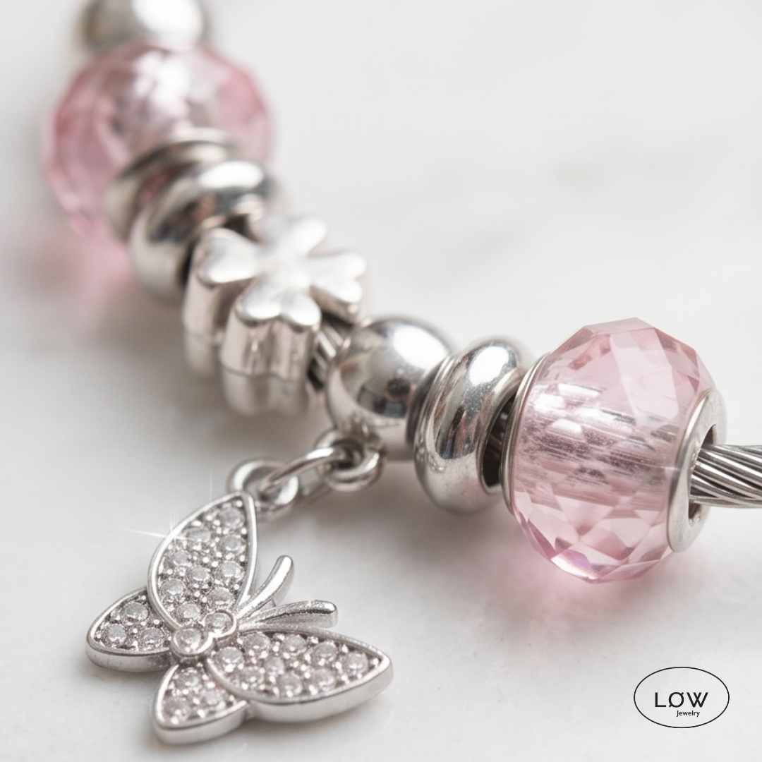 Charms armbånd butterfly rosa, charmsarmbånd ferdif fylt LØW Jewelry