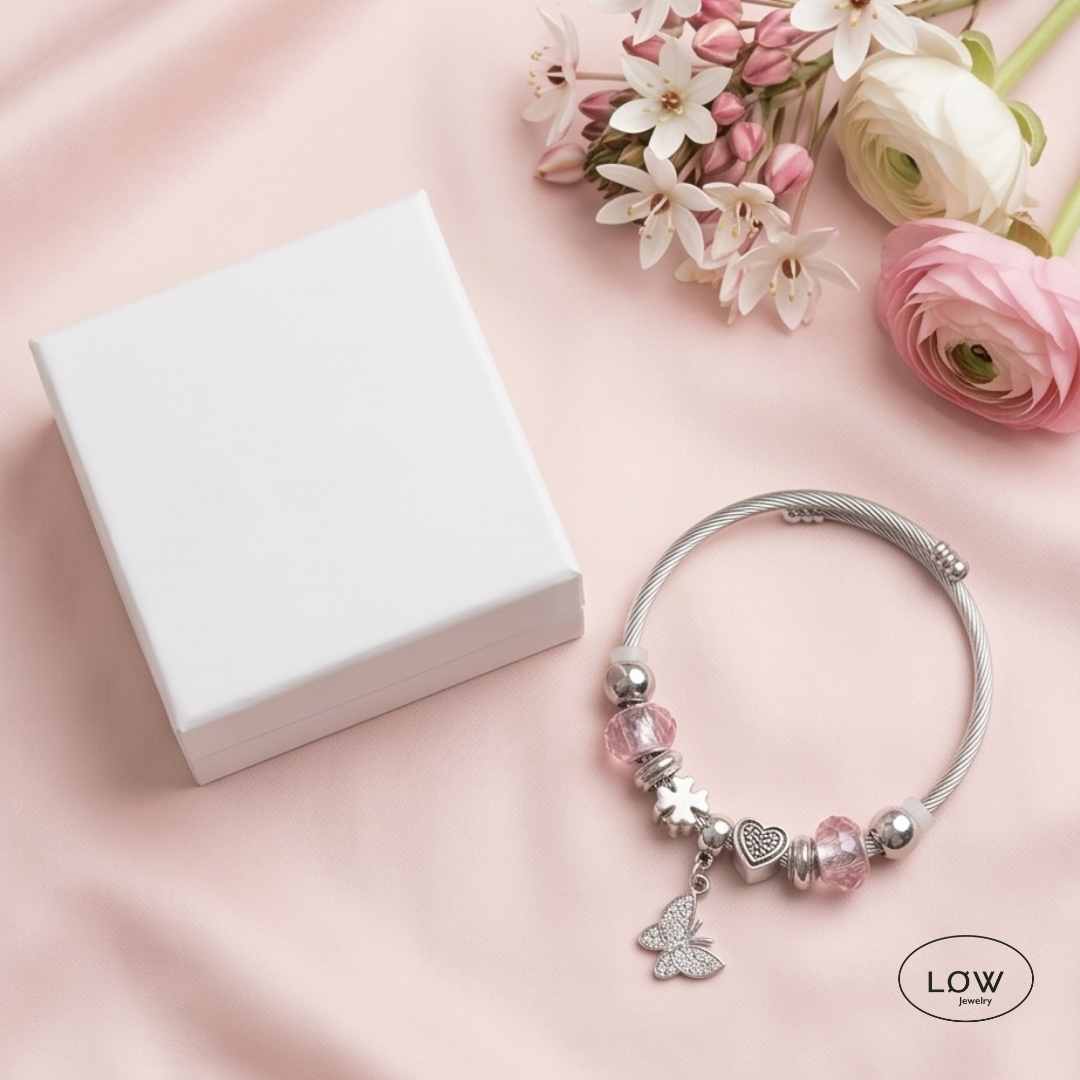 Charms armbånd butterfly rosa, charmsarmbånd ferdif fylt LØW Jewelry