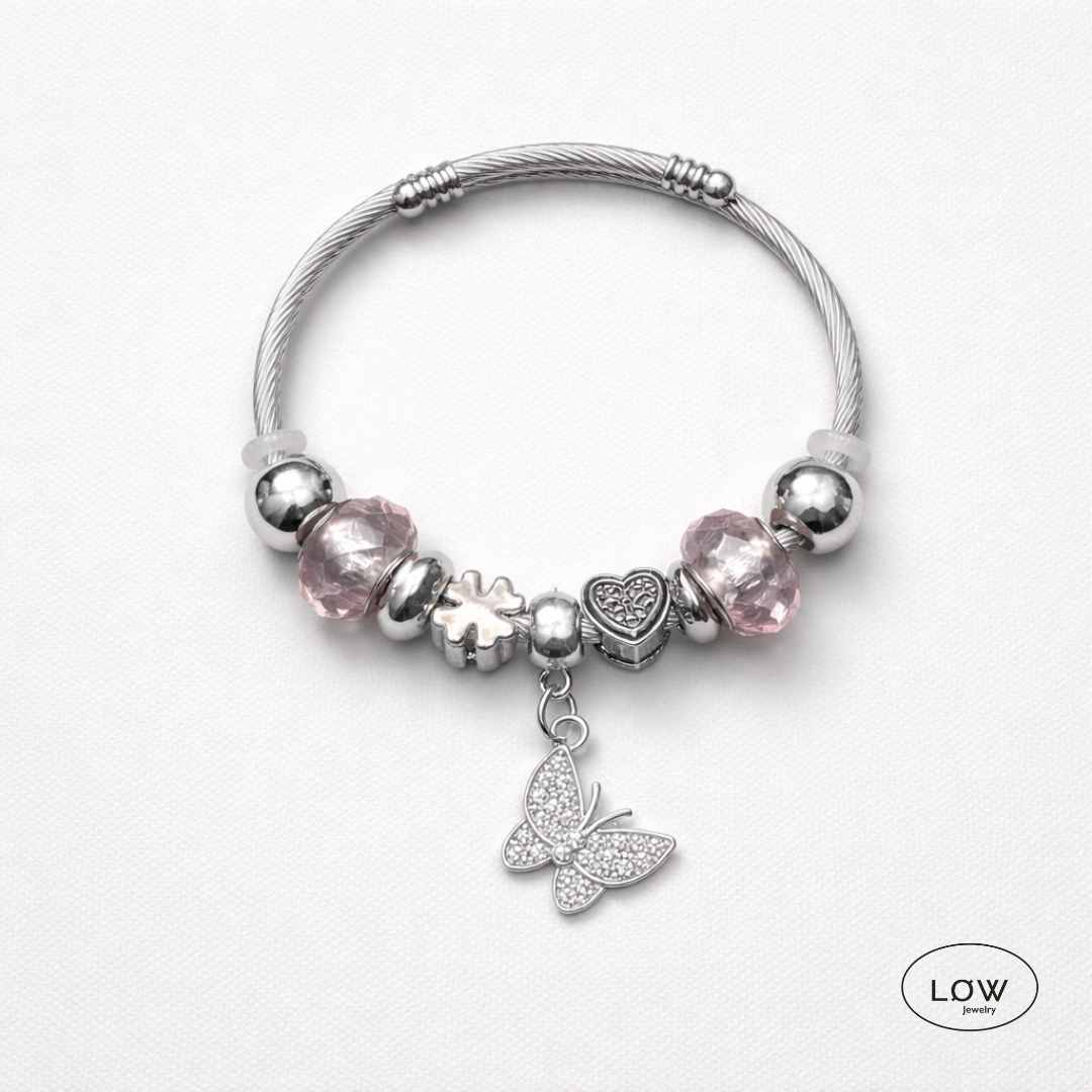 Charms armbånd butterfly rosa, charmsarmbånd ferdif fylt LØW Jewelry