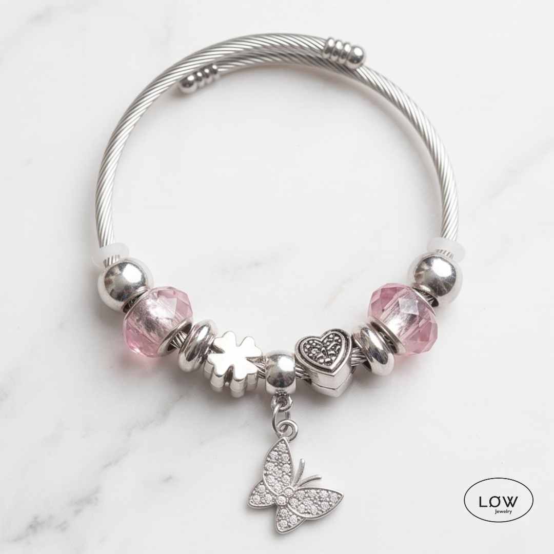 Charms armbånd butterfly rosa, charmsarmbånd ferdif fylt LØW Jewelry