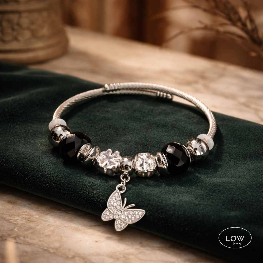 Charms armbånd butterfly svart, charmsarmbånd ferdig fylt LØW Jewelry