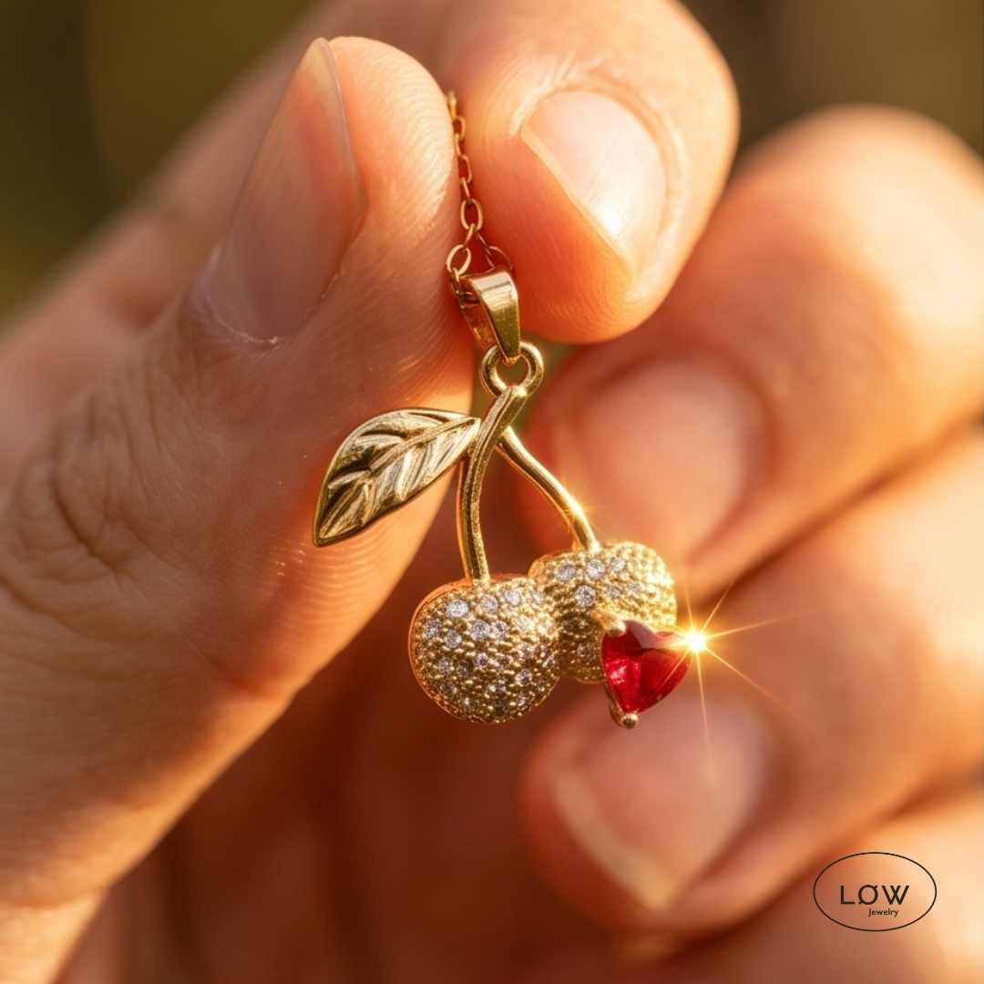 Halssmykke Cherry Heart Necklace Gold smykke LØW Jewelry