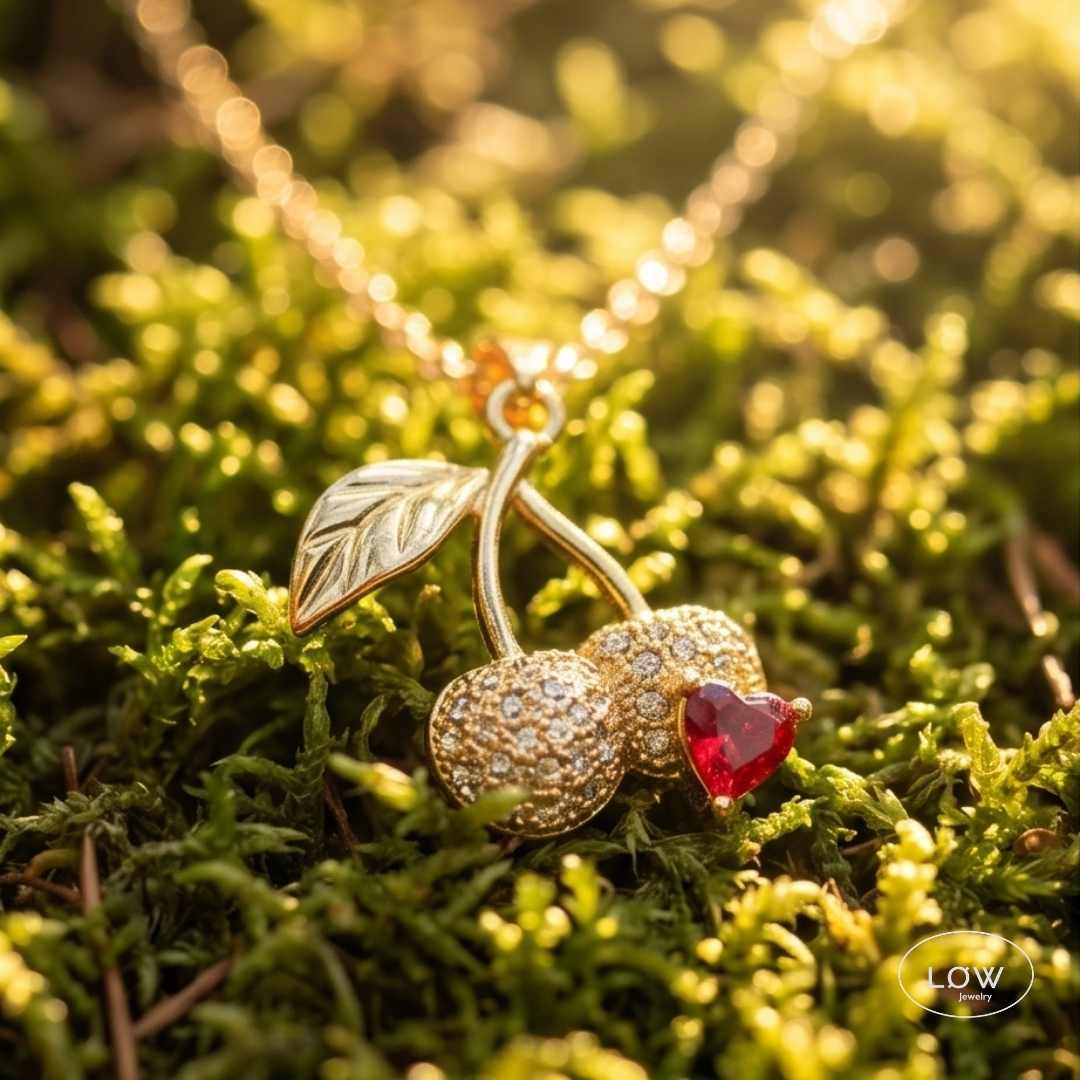Halssmykke Cherry Heart Necklace Gold smykke LØW Jewelry