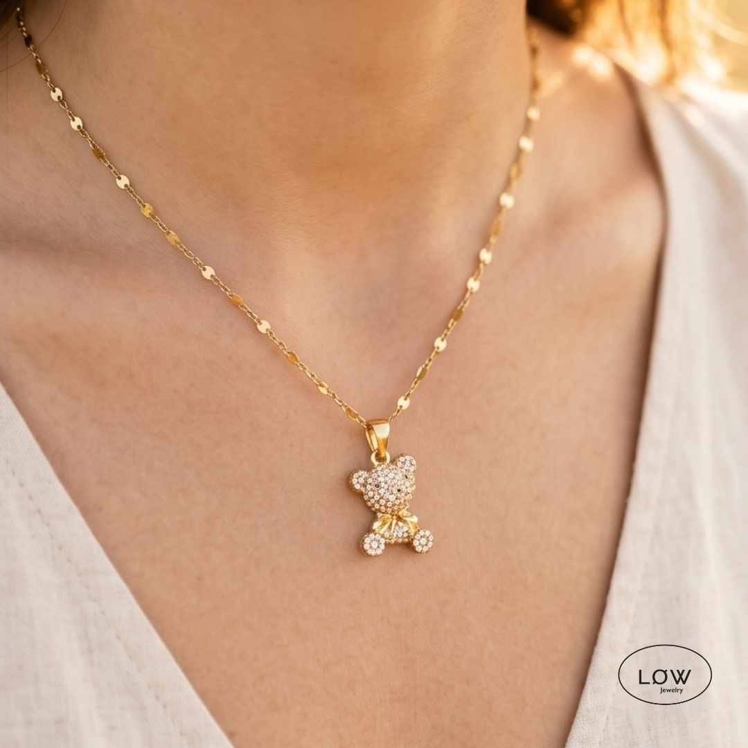 Smykke Crystal Teddy Bear Necklace Gold halssmykke LØW Jewelry
