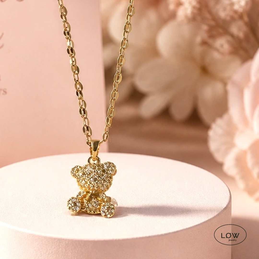Smykke Crystal Teddy Bear Necklace Gold halssmykke LØW Jewelry