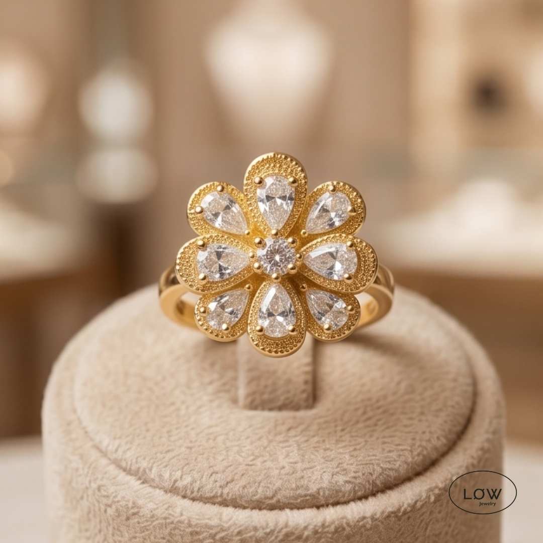 Double Flower Zircon Spinner Ring Gold fra LØW Jewelry fidget stress ring open justerbar ring