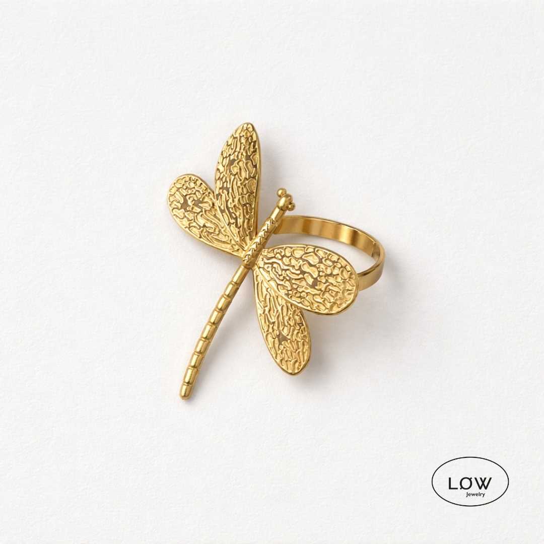 Justerbar Dragonfly Boho Statement Ring stainless steel plated med 18K gull LØW Jewelry