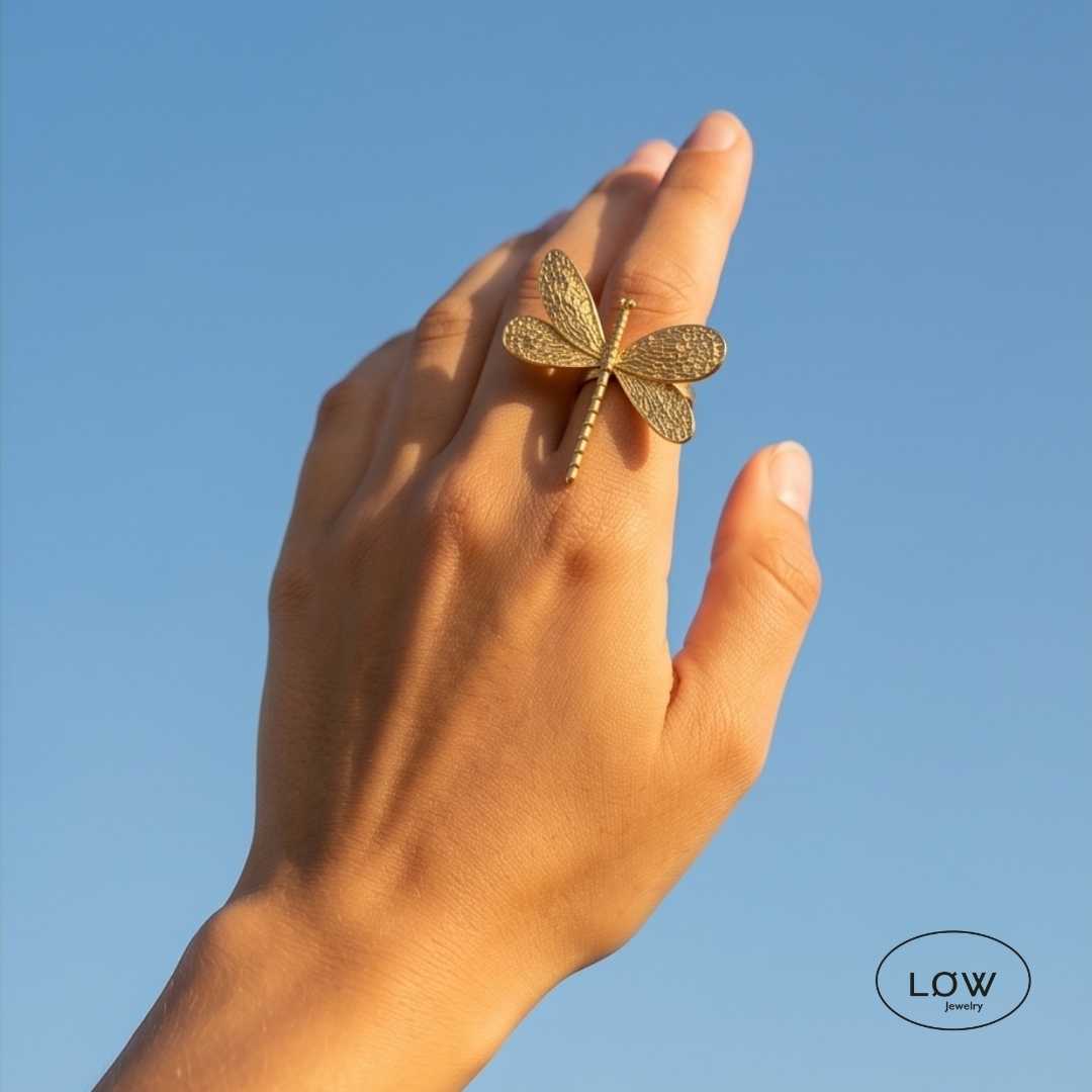 Justerbar Dragonfly Boho Statement Ring stainless steel plated med 18K gull LØW Jewelry