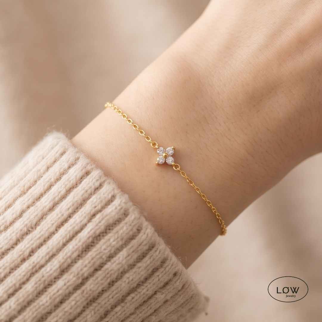Armbånd Four-Leaf Clover Zircon Bracelet, messing belagt med 18K gull LØW Jewelry