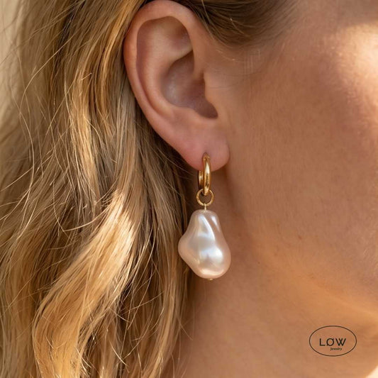 Gold Baroque Pearl Hoop Earrings