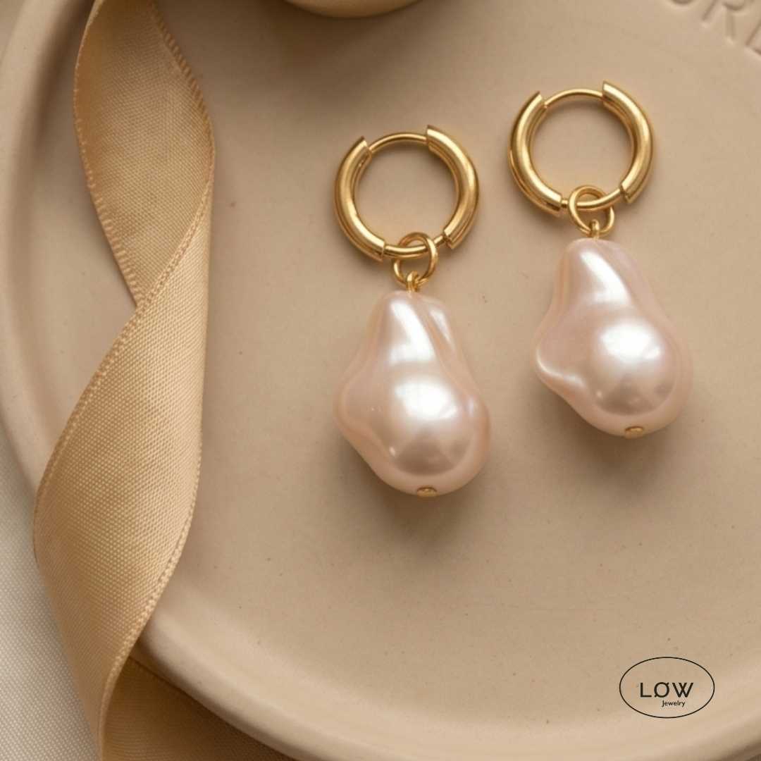 Gold Baroque Pearl Hoop Earrings