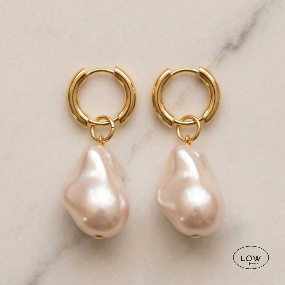 Gold Baroque Pearl Hoop Earrings