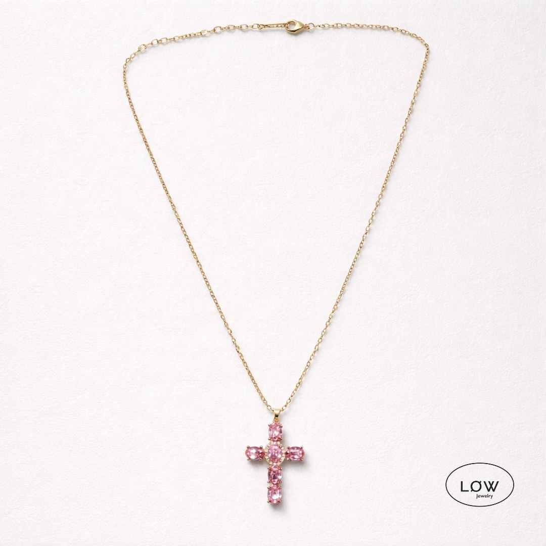 Halssmykke rosa kosr LØW Jewelry Pink Zircon Cross Pendant Necklace