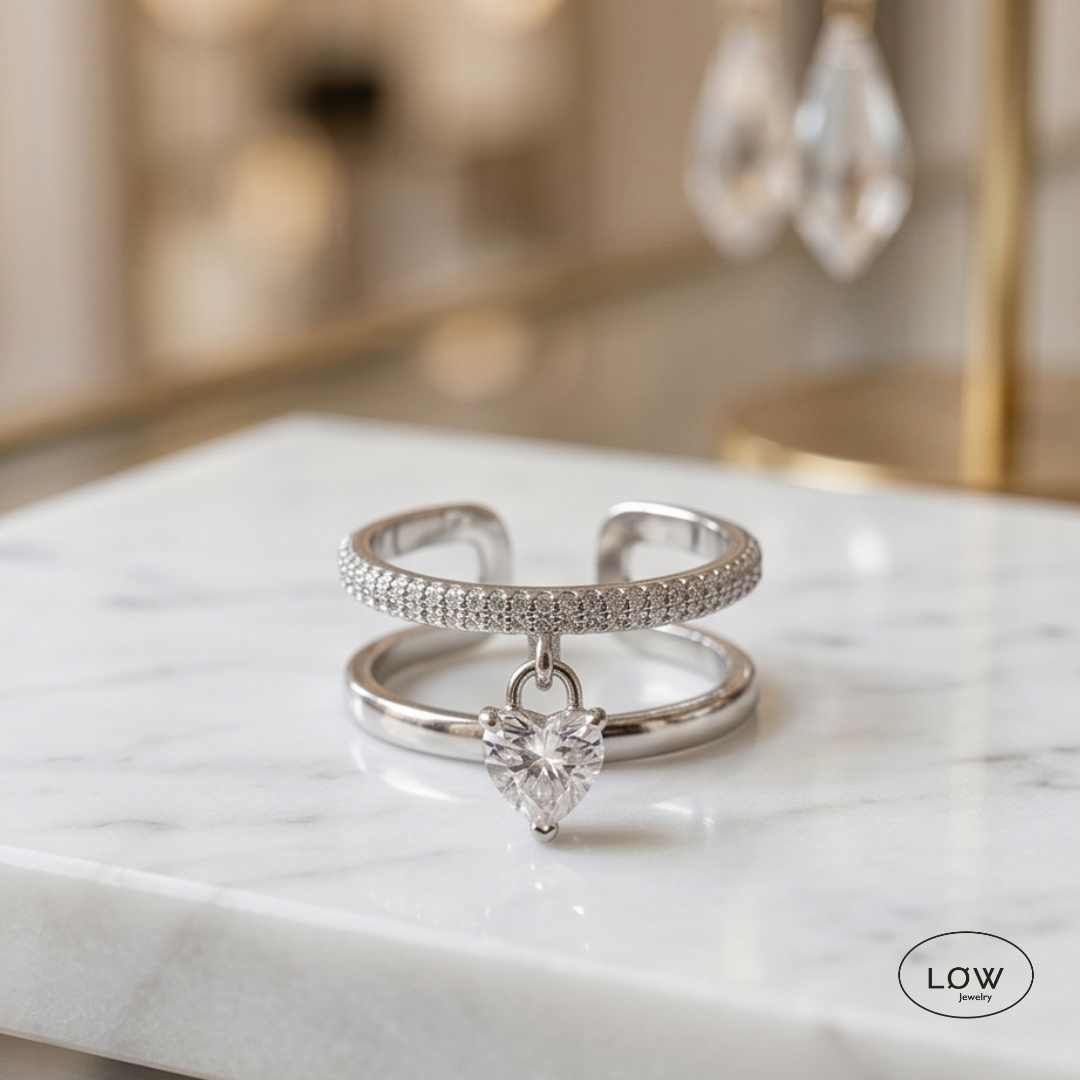 Heart Charm Open Ring – charms ring, justerbar ring LØW Jewelry, dobbel  justerbar charmsring