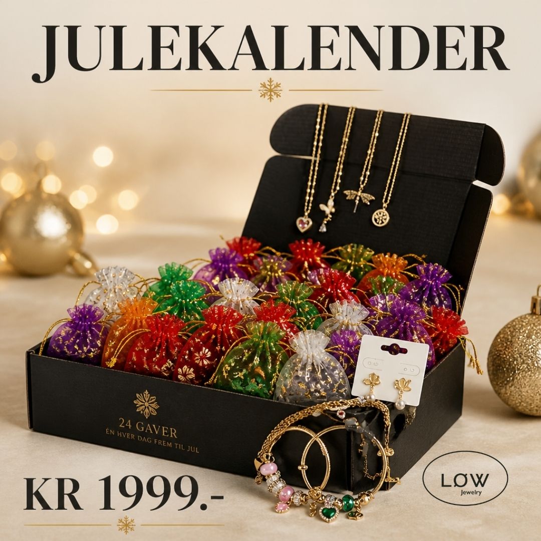 LØW Jewelry julekalender med 24 gullfargede smykker. Verdi fra 3.096 kr – din pris 1.990 kr. Ringer, ørepynt, armbånd, charms og mer.