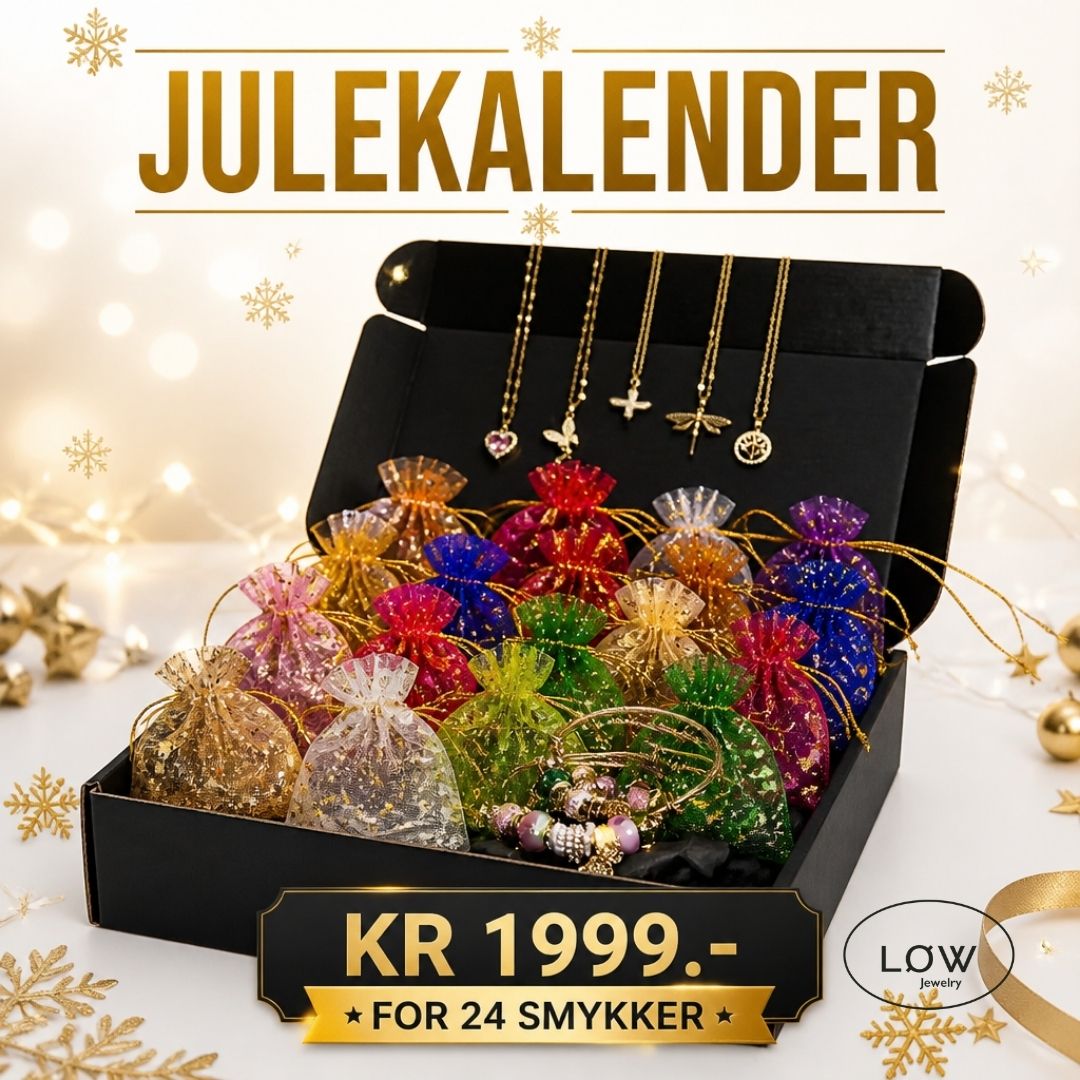 LØW Jewelry julekalender med 24 gullfargede smykker. Verdi fra 3.096 kr – din pris 1.990 kr. Ringer, ørepynt, armbånd, charms og mer.
