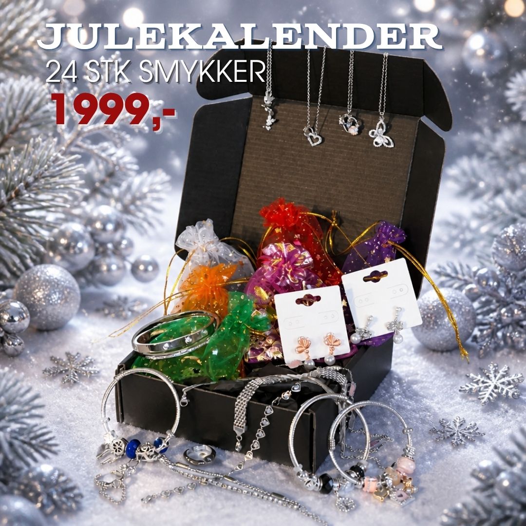LØW Jewelry julekalender med 24 sølvfargede smykker. Verdi fra 3.096 kr – din pris 1.990 kr. Ringer, ørepynt, armbånd, charms og mer.