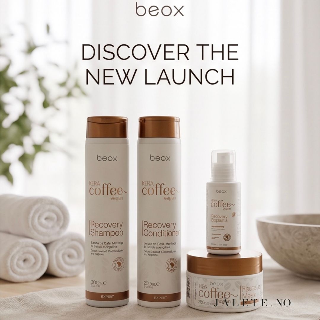 KeraCoffee Vegan bundle med 100 ml keratinbehandling, 300 ml shampoo, 300 ml conditioner og 250 ml masque. For mindre frizz, glans og komplett hjemmepleie.