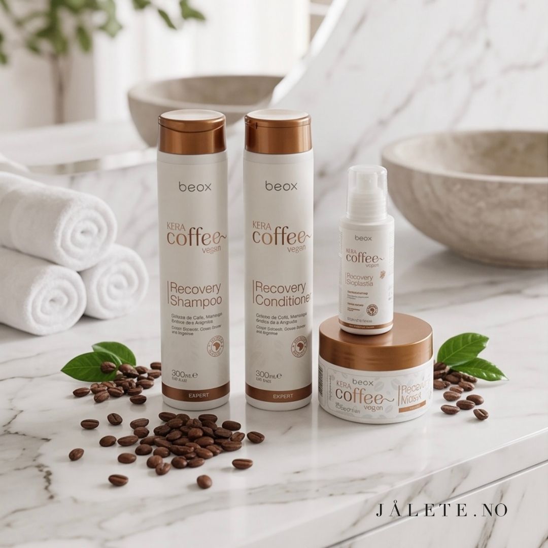 KeraCoffee Vegan bundle med 100 ml keratinbehandling, 300 ml shampoo, 300 ml conditioner og 250 ml masque. For mindre frizz, glans og komplett hjemmepleie.