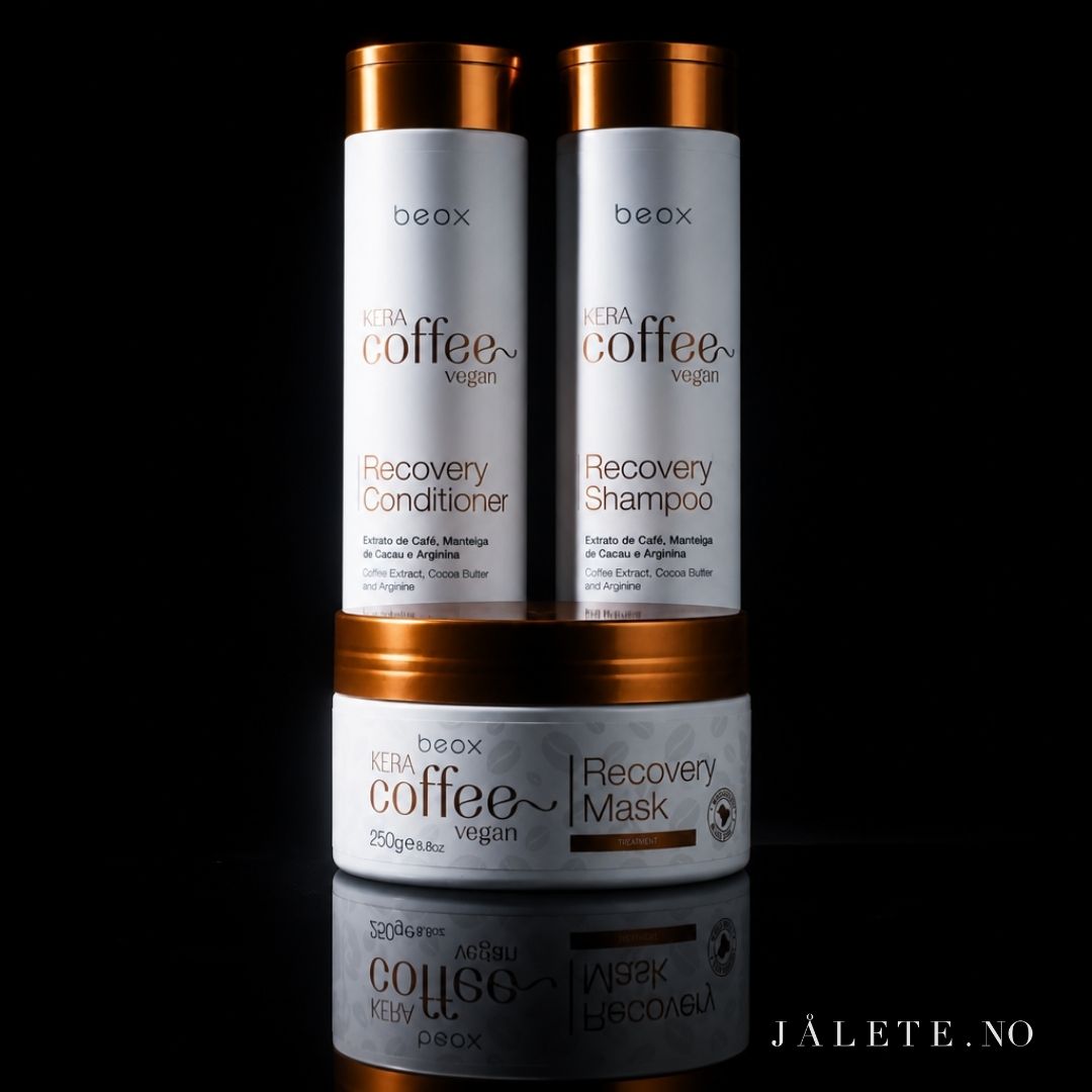 Komplett hårpleiesett med KeraCoffee Vegan Shampoo, Conditioner og Hair Mask. Vegansk pleie som gir fukt, glans og mykere hår etter keratinbehandling.