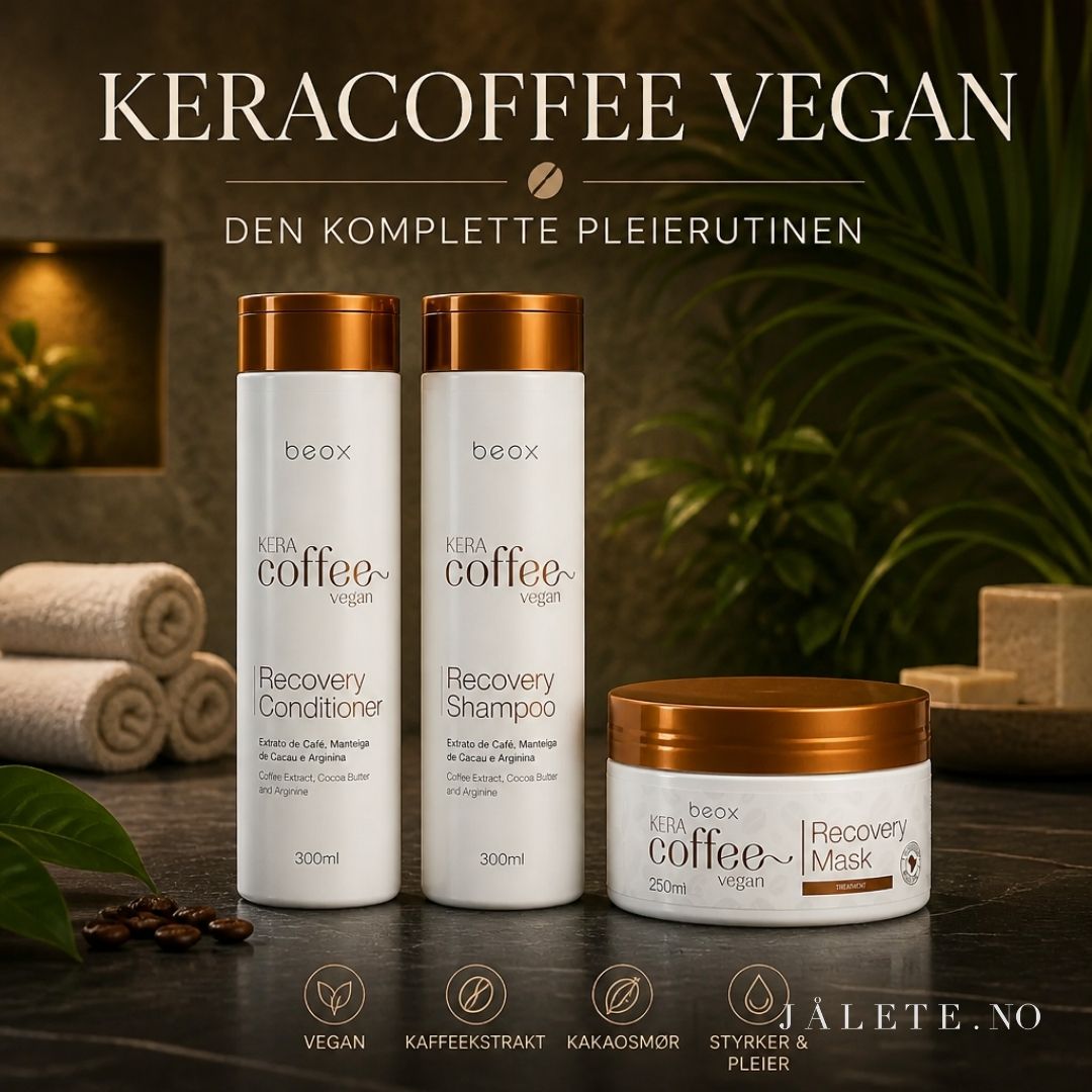 Komplett hårpleiesett med KeraCoffee Vegan Shampoo, Conditioner og Hair Mask. Vegansk pleie som gir fukt, glans og mykere hår etter keratinbehandling.