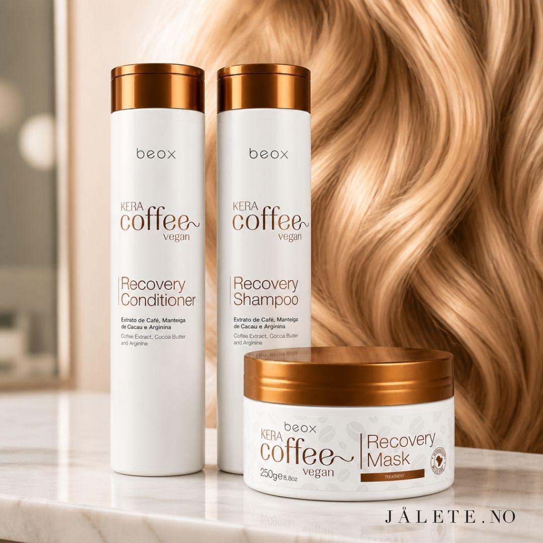 Komplett hårpleiesett med KeraCoffee Vegan Shampoo, Conditioner og Hair Mask. Vegansk pleie som gir fukt, glans og mykere hår etter keratinbehandling.