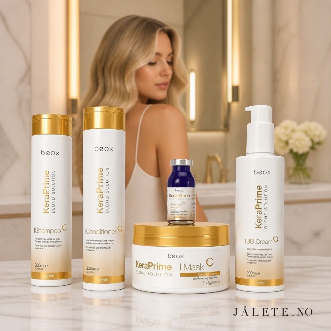 KeraPrime pleiepakke med Shampoo, Conditioner, Masque, BB Cream og Toning Ampoule. For tørt, slitt, frizzy og behandlet hår.