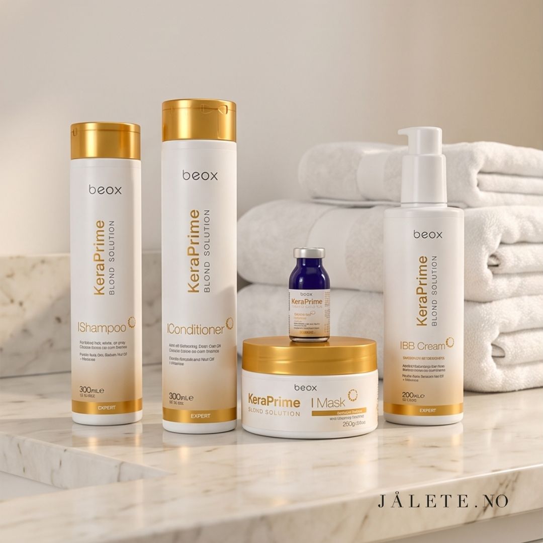 KeraPrime pleiepakke med Shampoo, Conditioner, Masque, BB Cream og Toning Ampoule. For tørt, slitt, frizzy og behandlet hår.