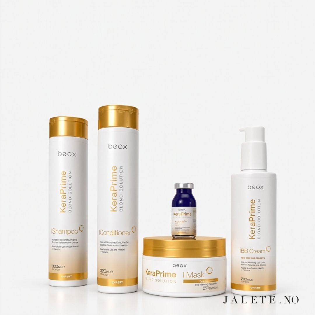 KeraPrime pleiepakke med Shampoo, Conditioner, Masque, BB Cream og Toning Ampoule. For tørt, slitt, frizzy og behandlet hår.
