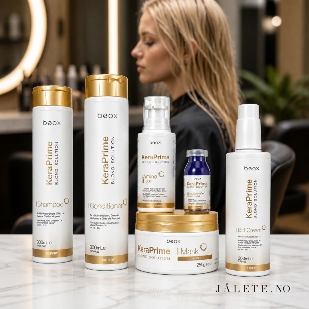 KeraPrime bundle med 100 ml keratinbehandling, Shampoo, Conditioner, Masque, BB Cream og Toning Ampoule. Komplett behandling og hjemmepleie.